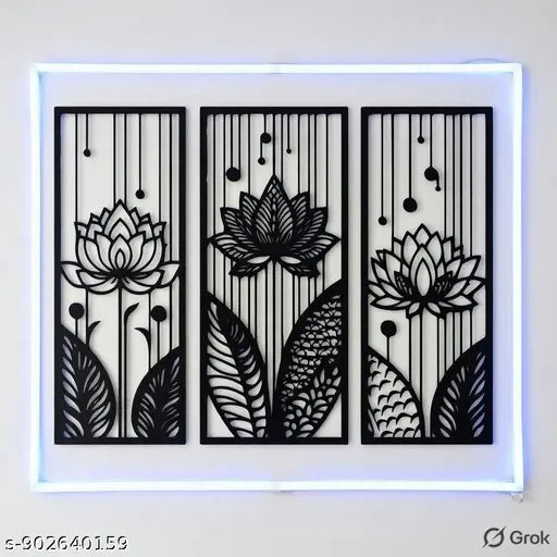 Lotuss Trio MDF Wall Art – Black Laser Cut Floral Panels for Living Room Décor