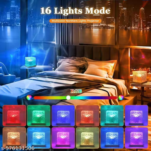 Acrylic Romantic Ocean Wave Night Light Projector Lamp, 3D Water Wave Effect Crystal Table Lamp with Remote Control (Battery Not Included), LED Projection for Bedroom Decor, Cube