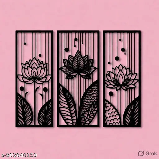 Lotuss Trio MDF Wall Art – Black Laser Cut Floral Panels for Living Room Décor