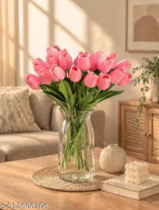 Pink Artificial Tulip Flowers Pack of 4 | Real Touch Silk Tulip Sticks for Vase Decoration | Decorative Fake Flower Bunch for Home, Table & Wedding Decor