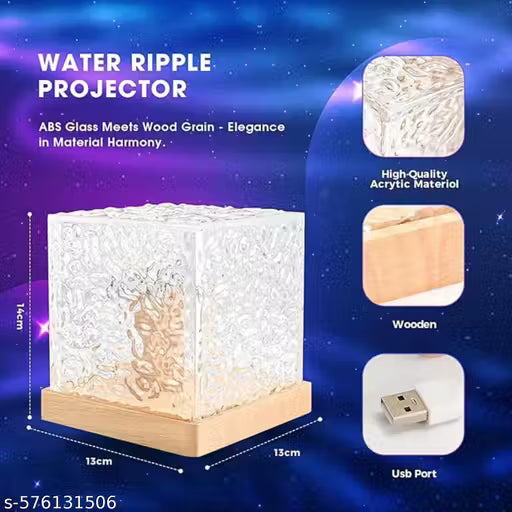 Acrylic Romantic Ocean Wave Night Light Projector Lamp, 3D Water Wave Effect Crystal Table Lamp with Remote Control (Battery Not Included), LED Projection for Bedroom Decor, Cube