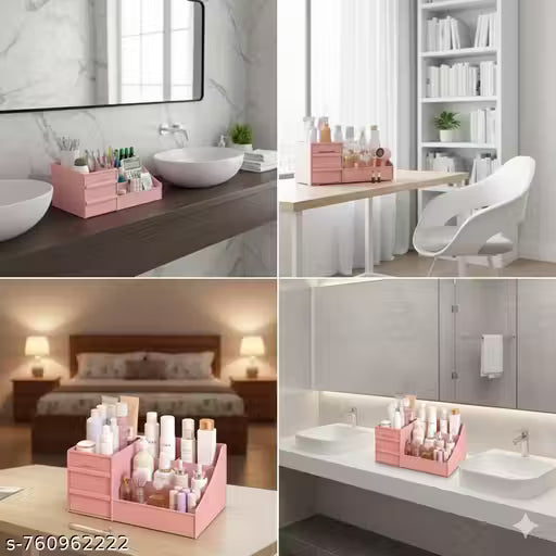 Skin products organizer Makeup Desk Organizer with Drawers, Countertop Organizer for Vanity brush with Holder for Lipstick, Brushes, Eye shadow & Jewelry Desktop Finishing Dresser (PINK)