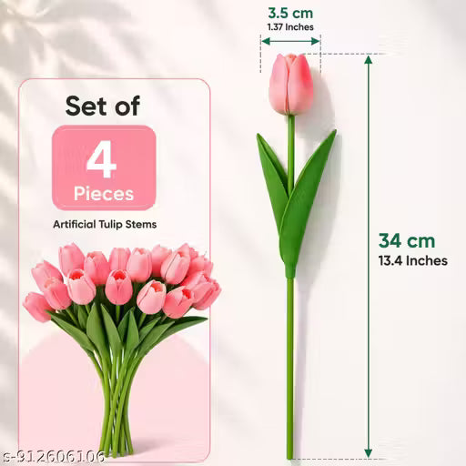 Pink Artificial Tulip Flowers Pack of 4 | Real Touch Silk Tulip Sticks for Vase Decoration | Decorative Fake Flower Bunch for Home, Table & Wedding Decor