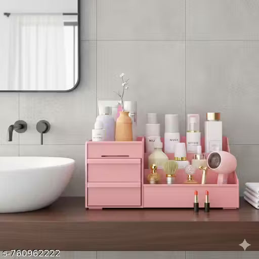 Skin products organizer Makeup Desk Organizer with Drawers, Countertop Organizer for Vanity brush with Holder for Lipstick, Brushes, Eye shadow & Jewelry Desktop Finishing Dresser (PINK)